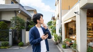 自宅と店舗の防犯カメラをスマホで比較しながら選ぶ日本人男性
