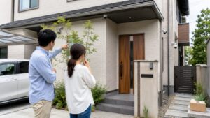 玄関や駐車場など家庭用防犯カメラの設置場所を確認する日本人夫婦