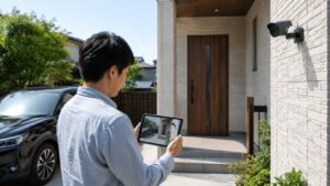 駐車場と玄関を映す防犯カメラの画角をタブレットで確認する日本人男性