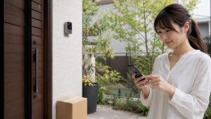 玄関の置き配とドアベル型防犯カメラをスマホで確認する日本人女性