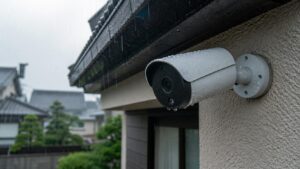 雨に濡れた住宅の外壁に設置された屋外用防犯カメラ