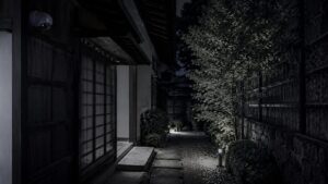 夜間の庭と通路を見守る防犯カメラ付きの日本家屋