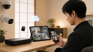 スマホとモニターで防犯カメラ映像と録画方法を確認する日本人男性