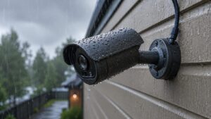 雨に濡れた外壁設置の屋外防犯カメラと防水性能を示す接続部分