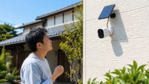 ソーラーパネル付き屋外防犯カメラを外壁で確認する日本人男性