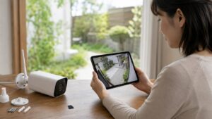 屋外防犯カメラの録画映像をタブレットで確認する日本人女性とSDカード