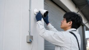 有線式の屋外防犯カメラを建物外壁に取り付ける日本人作業員