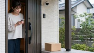 玄関の置き配をスマホで確認する日本人女性と屋外防犯カメラ