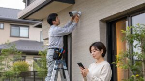 屋外防犯カメラを安全に設置する日本人作業員とスマホで確認する女性