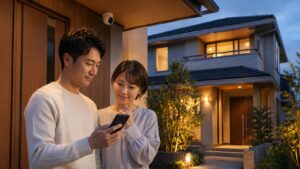 玄関先でスマホを確認する日本人夫婦と家庭用防犯カメラ