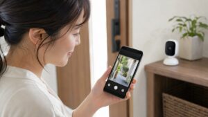 スマホで玄関映像を確認する家庭用防犯カメラの使用イメージ