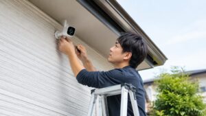 戸建ての外壁に屋外用防犯カメラを取り付ける様子