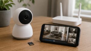 防犯カメラとmicroSDカードで録画映像を確認するイメージ