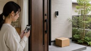 玄関前の置き配をスマホで確認するドアベル型防犯カメラ