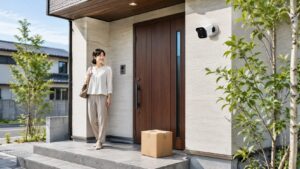 玄関用防犯カメラと置き配荷物を確認できる戸建て住宅の玄関