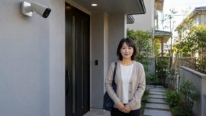 来訪者の顔を確認しやすい角度で設置された玄関用防犯カメラ