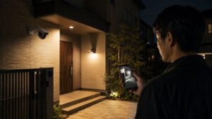 夜間の玄関をスマホで確認できる防犯カメラとセンサーライ