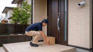 玄関前の置き配荷物を記録する防犯カメラと宅配作業の様子