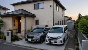 玄関・駐車場・裏手の動線を防犯カメラでカバーする戸建ての3台設置イメージ