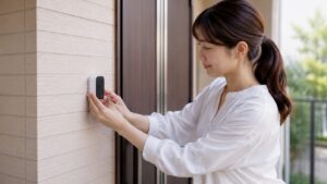玄関横の壁に両面テープ式スマートドアベルを取り付ける女性