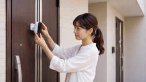 マンションの共用廊下で撮影範囲に配慮しながら防犯カメラを調整する女性