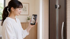 玄関カメラの映像をスマホで確認する日本人女性と室内玄関