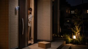 夜の玄関で置き配荷物を見守る工事不要の防犯カメラ