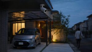 夕暮れの住宅駐車場に設置された防犯カメラと車を映した、駐車場防犯対策のイメージ