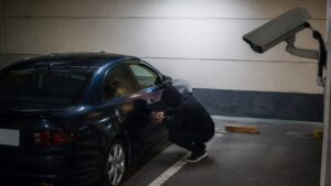 駐車場で車の側面付近に近づく人物と防犯カメラが映る、いたずら対策のイメージ