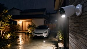 雨の夜にセンサーライト付き屋外防犯カメラが駐車場と車を照らす様子