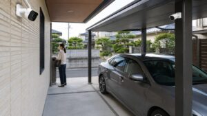 住宅の駐車場出入口と車の側面を複数の防犯カメラで監視する設置例