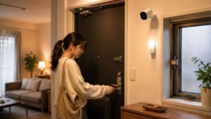 玄関ドアと窓まわりに防犯カメラやライトを組み合わせた一人暮らしの防犯対策
