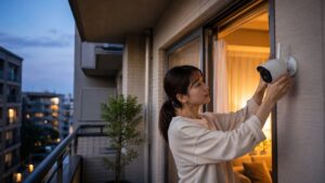 夕方のベランダで防犯カメラの向きを調整し、隣家を映さない角度を確認する日本人女性