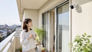 ベランダに設置した防犯カメラを確認する日本人女性と、明るいマンションバルコニーの様子