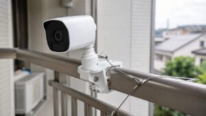 ベランダの手すりにクランプで固定された防犯カメラと落下防止ワイヤーの設置例