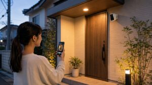 バッテリー式防犯カメラを玄関に設置しスマホで確認する日本人女性