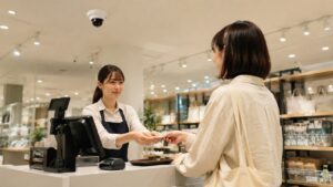 レジ周りの手元を防犯カメラで記録する店舗の会計シーン