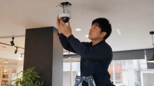 専門業者が店内の天井にドーム型防犯カメラを取り付けている様子