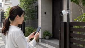 クランプ式の工事不要防犯カメラを門柱に設置しスマホで確認する日本人女性