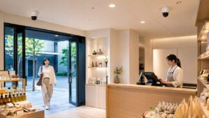 店舗の出入口とレジ周辺に天井設置されたドーム型防犯カメラの設置例