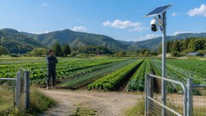 農地の入口に設置したソーラー式防犯カメラと畑を見守る日本人農家