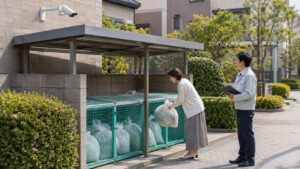 ゴミ捨て場に設置された防犯カメラと、分別ルールを守ってゴミを出す住民を確認する管理者
