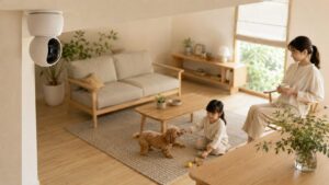 室内防犯カメラで子どもとペットを見守る日本のリビングと家族の安心シーン