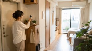 賃貸の一人暮らし部屋で玄関に向けて室内防犯カメラを調整する女性