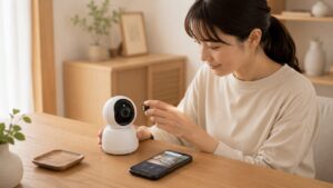 室内防犯カメラにSDカードを準備する日本人女性とスマホ録画設定の様子