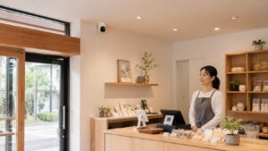 店内の出入口とレジ周辺を見守る室内防犯カメラと日本人スタッフのいる店舗