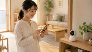 室内防犯カメラをスマホで確認する日本人女性とリビングの屋内見守りカメラ