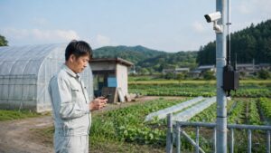 スマホで農地の防犯カメラ映像を確認する日本人農家とLTE監視設備