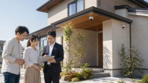新築住宅の前で防犯カメラの設置場所を相談する日本人夫婦と担当者 