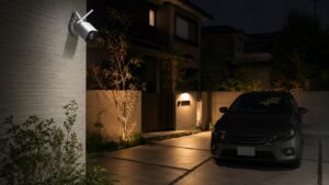 夜間の駐車場を監視するワイヤレス屋外防犯カメラ